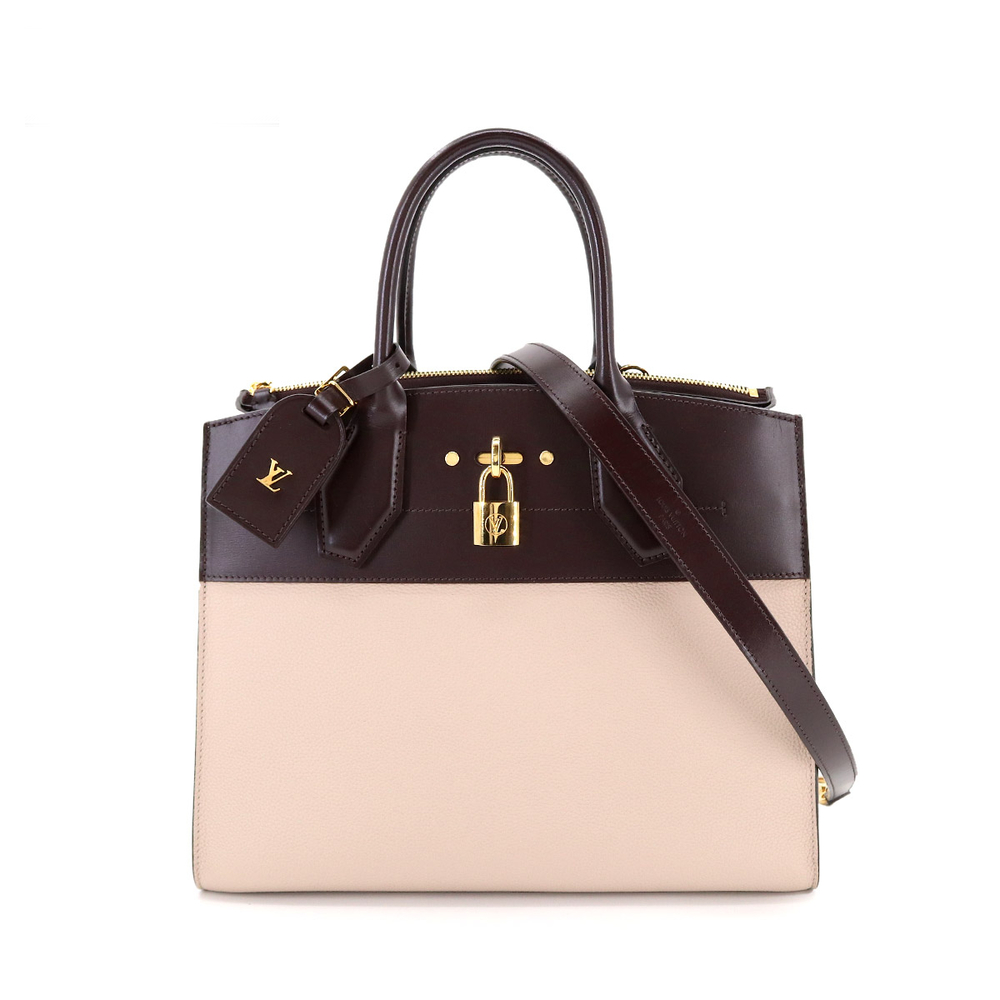 Louis Vuitton City Steamer MM 2 Way Hand Shoulder Bag Leather Beige Brown